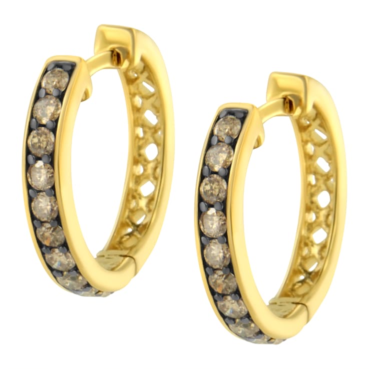 10K Yellow Gold and Black Rhodium Plated 1.0ctw Round-Cut Champagne
Diamond Hoop Earrings