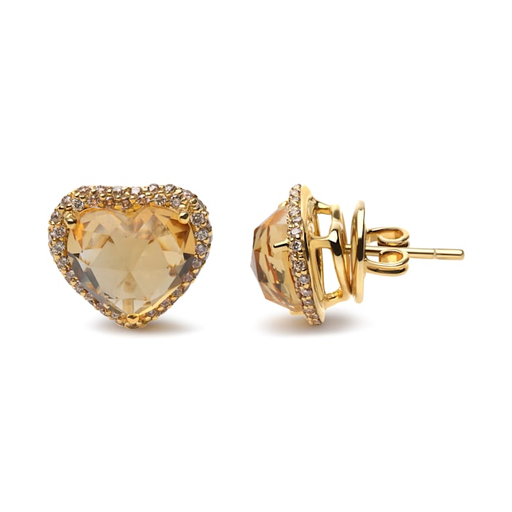 18K Yellow Gold Heart Cut Yellow Citrine with Brown Diamonds Halo Stud Earrings