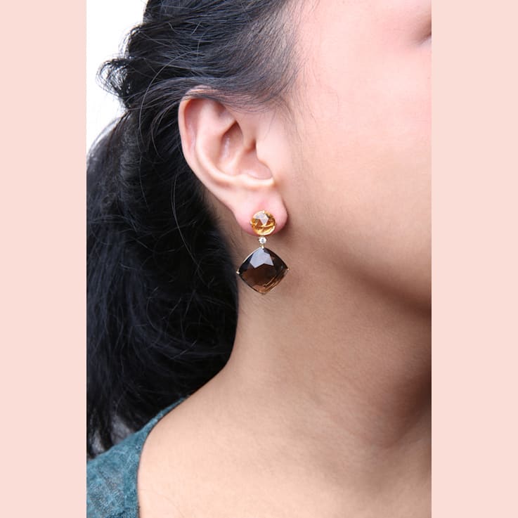 18K Yellow Gold Round Citrine and Cushion Cut Smoky Quartz Gemstone with
Diamond Accent Earrings