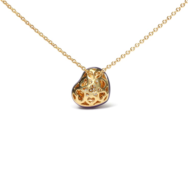 18K Yellow Gold Blue Enamel and Pave Round Diamonds Heart Design Pendant Necklace