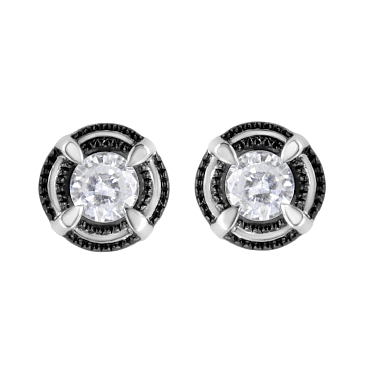 Black Rhodium Over Sterling Silver Round 1.0ctw Diamond Double Halo
Solitaire Stud Earrings