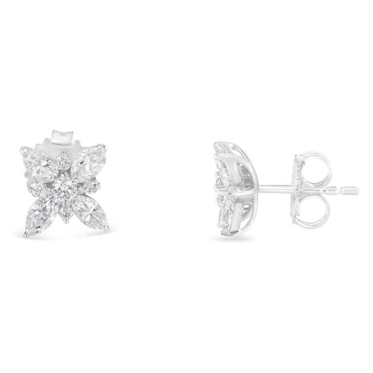 14K White Gold Marquise Diamond Flower Stud Earring 1.00ctw
