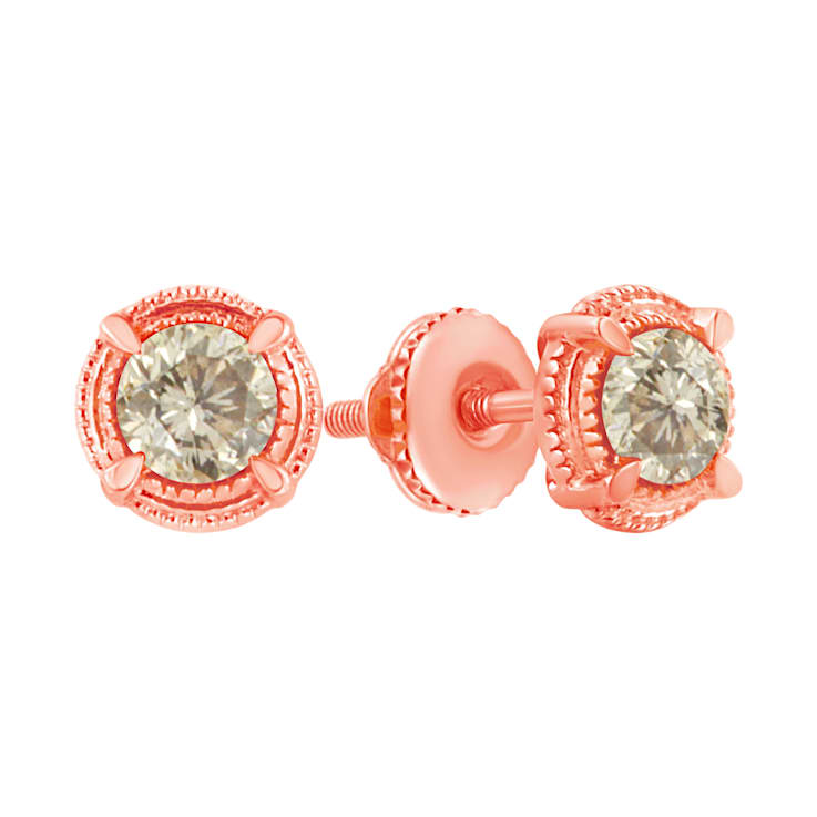 14K Rose Gold Over Sterling Silver 1.0ctw Round Diamond Solitaire
Milgrain Stud Earrings
