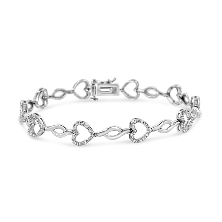 Sterling Silver .25ctw Round-Cut Diamond Alternating Heart and Leaf Link Bracelet