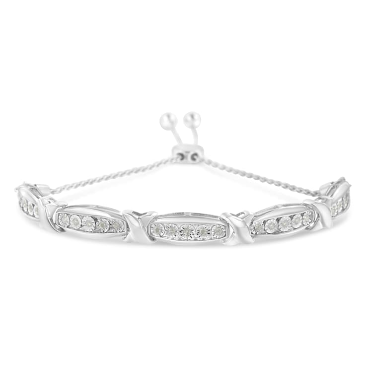 Sterling Silver Round-Cut Diamond X and Tapered Bar Miracle-Set Bolo Bracelet