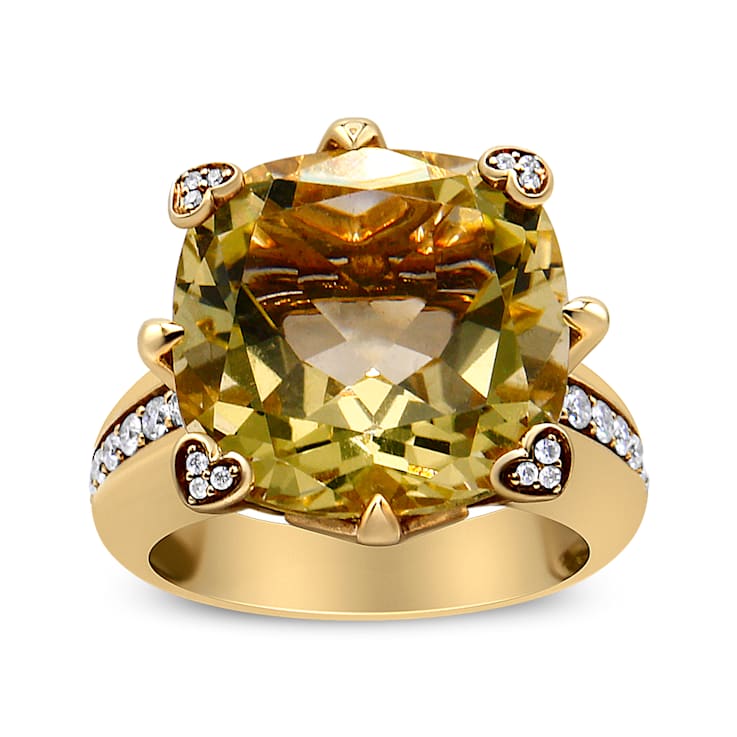 18K Yellow Gold 15x15mm Cushion Cut Lemon Quartz and 1/4 Cttw Diamond
Accented Cocktail Ring