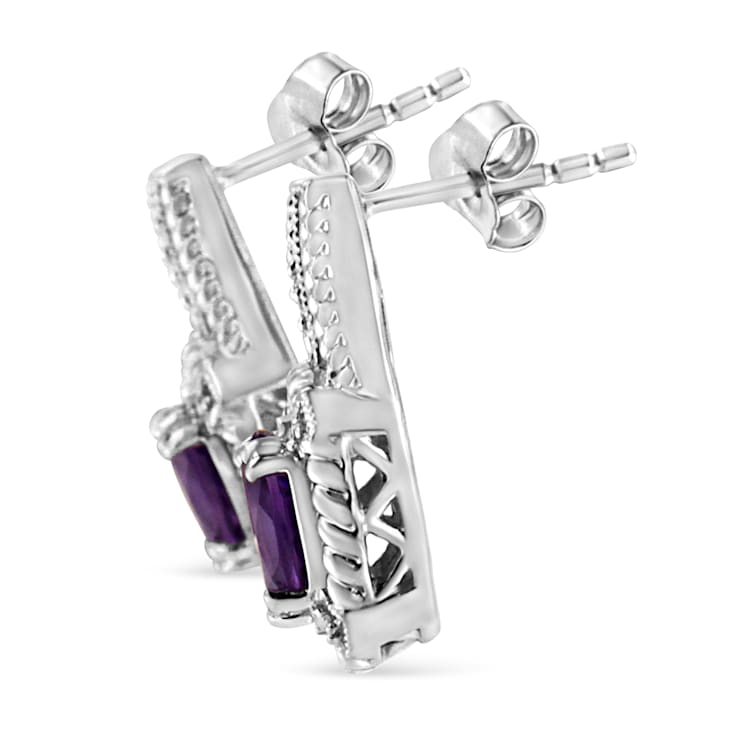 Sterling Silver 8x6 MM Oval Gemstone and Diamond Accent Art Deco Style
Drop and Dangle Earrings