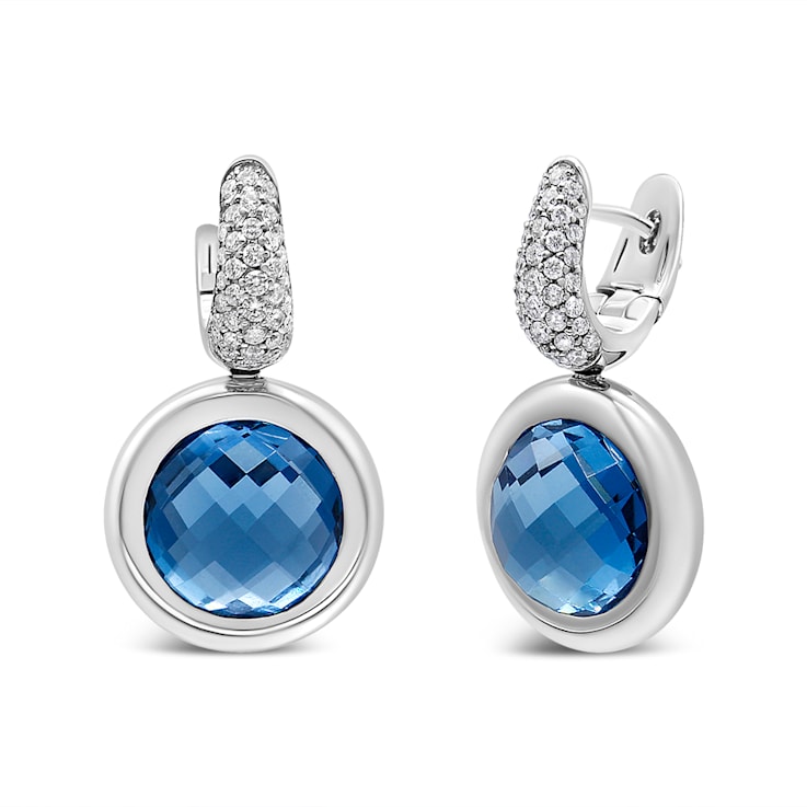 18K White Gold Bezel Set 11mm Blue Topaz and 1/2ctw Invisible Set
Diamond Bale Dangle Earrings