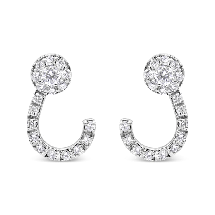 14K White Gold 1.00ctw Round-Cut Diamond Curved Cluster Drop Stud Earrings