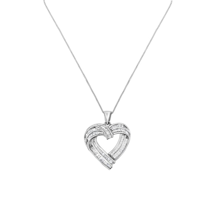 Sterling Silver 7/8ctw Baguette Diamond Heart Pendant Necklace (I-J, I2-I3)