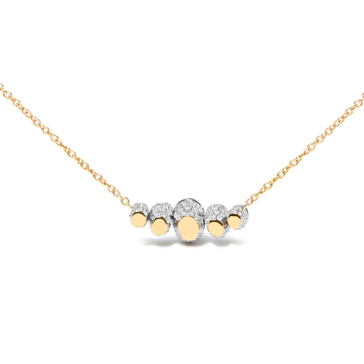 18K Rose Gold Multi-Size Round Ruby and Pave Round Diamonds Curved Bar Necklace