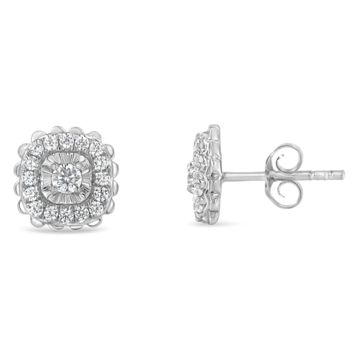 Sterling Silver 1/2ctw Round-Cut Diamond Halo Cluster Stud Earring
