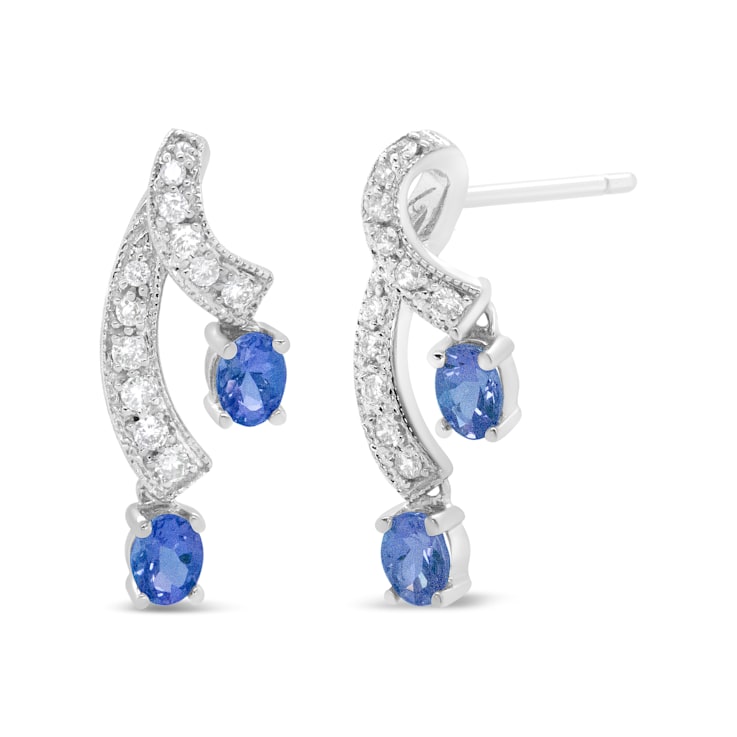 14K White Gold 4x3MM Oval Shaped Natural Blue Tanzanite Gemstone and
1/5ctw Diamond Stud Earrings