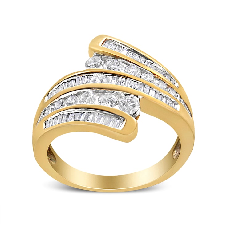 10K Yellow Gold 1ctw Round and Baguette Diamond Bypass Ring (H-I Color,
I1-I2 Clarity) - Ring Size 7