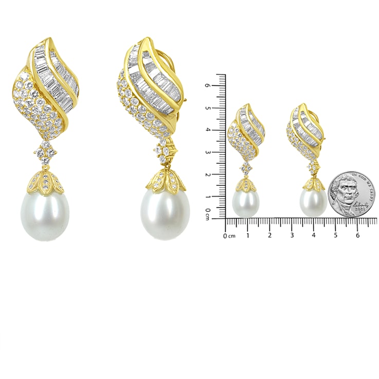 18k Yellow Gold 7.0 Cttw Baguette and Round Diamond South Sea Pearl Drop
Dangle Omega Earrings