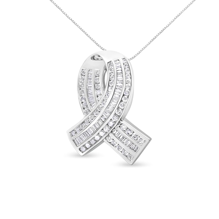 2.625ctw Round and Baguette Channel-Set Diamond Awareness Ribbon 14K
White Gold Pendant