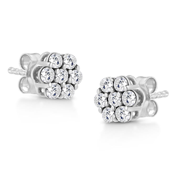 14K White Gold 1/2 Ctw Prong Set Round Diamond Flower Stud Earrings
