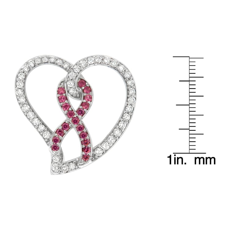 14K White Gold Diamond and Lab Created Pink Sapphire Awareness Ribbon
& Open Heart Pendant w\chain
