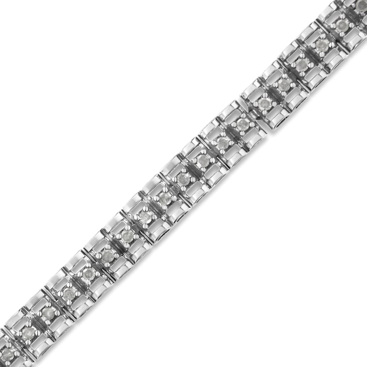 Rhodium Over Sterling Silver 1.0 Cttw Diamond Double-Link Tennis Bracelet