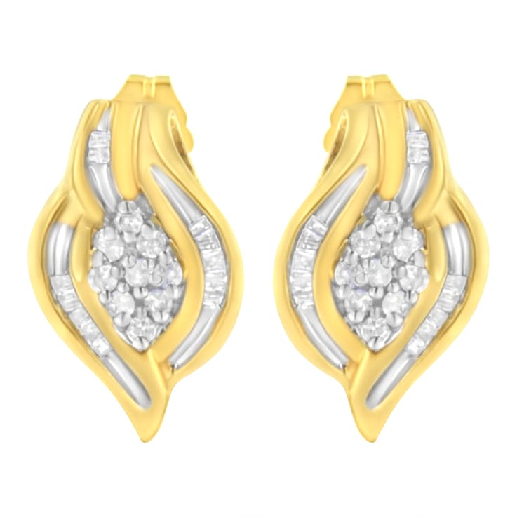 10K Yellow Gold 1/3ctw Round-Cut Diamond Cluster and Swirl Stud Earrings
