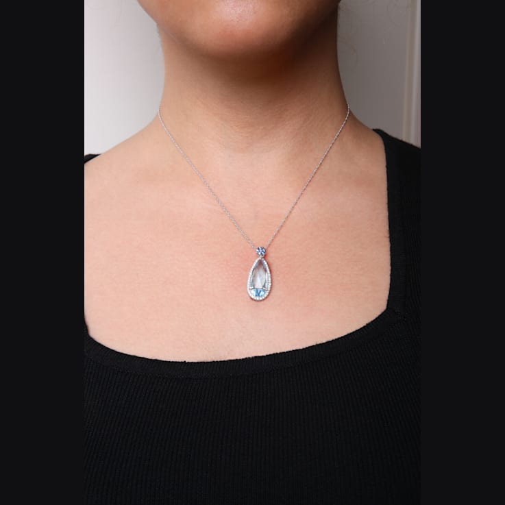 18K White Gold Pear Blue Topaz and Blue Sapphire and Diamond Drop
Pendant with Flower Design