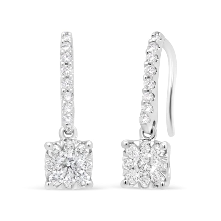 14K White 1/2ctw Round Diamond Halo Dangle Hook Earring
