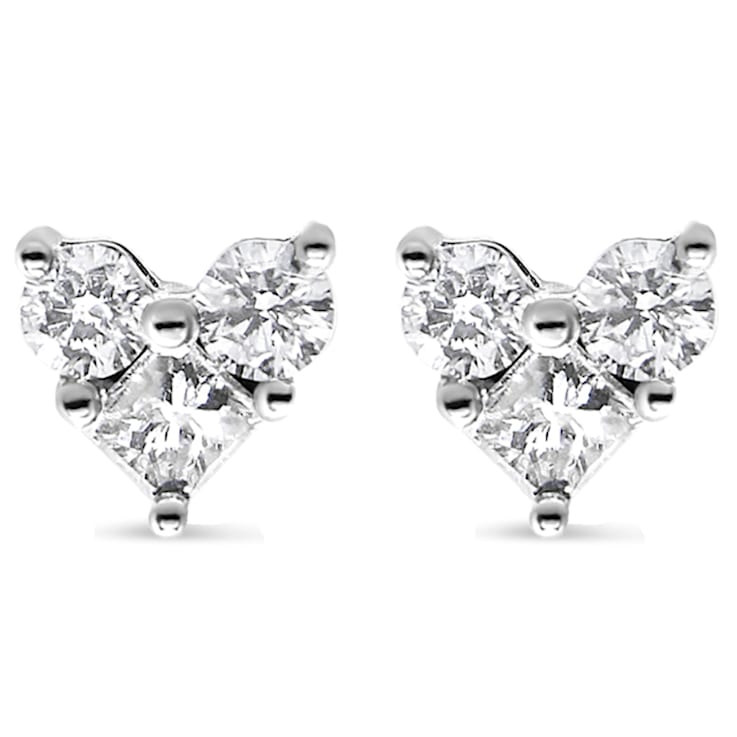 10K White Gold 1/2ctw Diamond 3 Stone Trio Heart Stud Earring