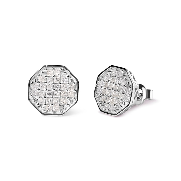 10K White Gold 7/8 Cttw Princess Diamond Composite Octagon Shaped Stud Earrings