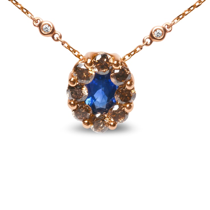 18K Rose Gold Oval Blue Sapphire and Brown Diamonds with White Diamond
Accent Halo Cluster Necklace