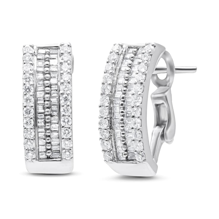 14K White Gold 1 1/2ctw Round and Baguette Cut Diamond Earrings