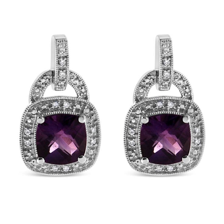 Sterling Silver 8MM Cushion Shaped Amethyst and Diamond Accent Halo with
Push Back Dangle Earrings
