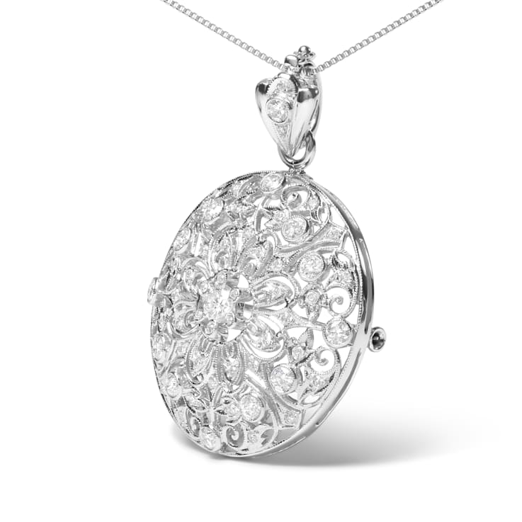 18K White Gold Diamond 1 5/6 Cttw Cluster Floral Filigree Brooch Pin and
18" Pendant Necklace