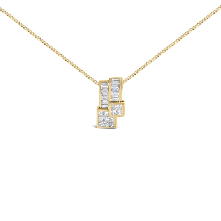 14K Yellow Gold 1 1/2 cttw Princess and Baguette Cut Diamond Geometric
Pendant Necklace
