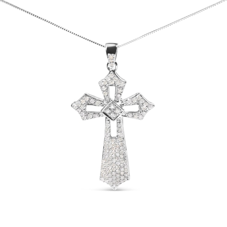 Sterling Silver 1.00 Cttw Diamond Fleur De Lis Cross 18" Pendant Necklace