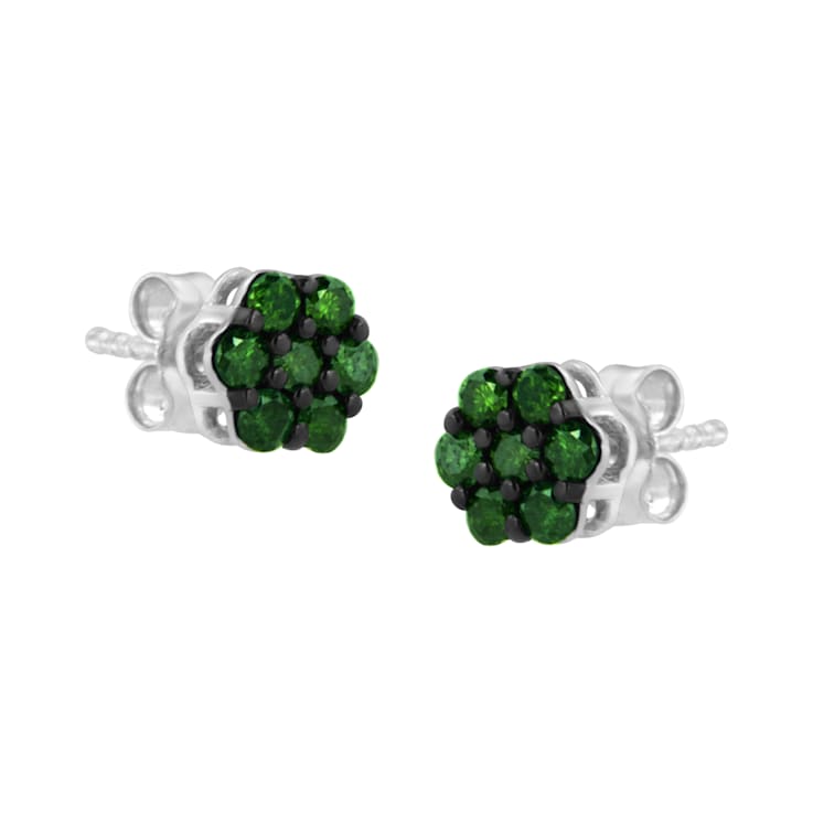Sterling Silver 2.0ctw Prong Set Round-Cut Treated Green Diamond Floral
Cluster Stud Earring