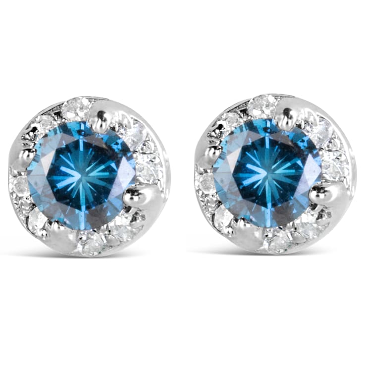 1.00ctw Treated Blue and White Diamond 14K White Gold Hidden Halo Stud Earrings