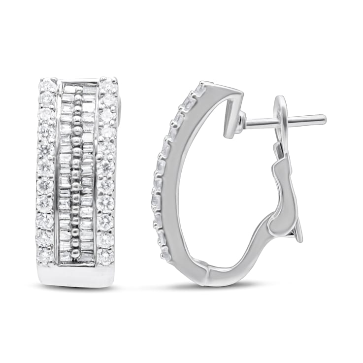 14K White Gold 1 1/2ctw Round and Baguette Cut Diamond Earrings
