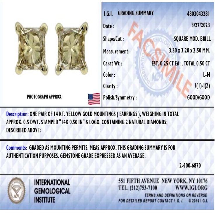 IGI Certified 14k Yellow Gold 1/2 cttw Princess-Cut Solitaire Diamond
Push Back Stud Earrings