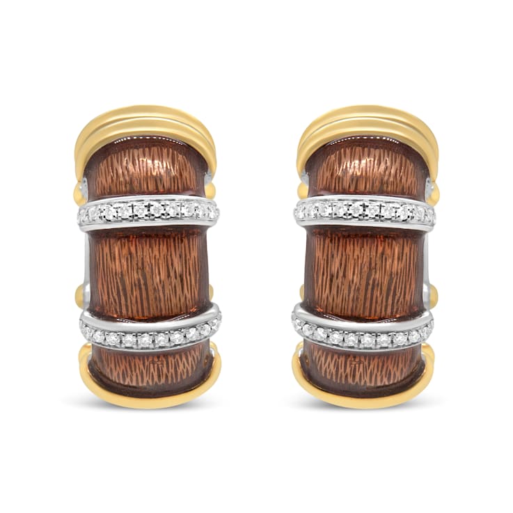 18K Two-tone Gold Over Sterling Brown Enamel 9/10ctw Diamond Huggies