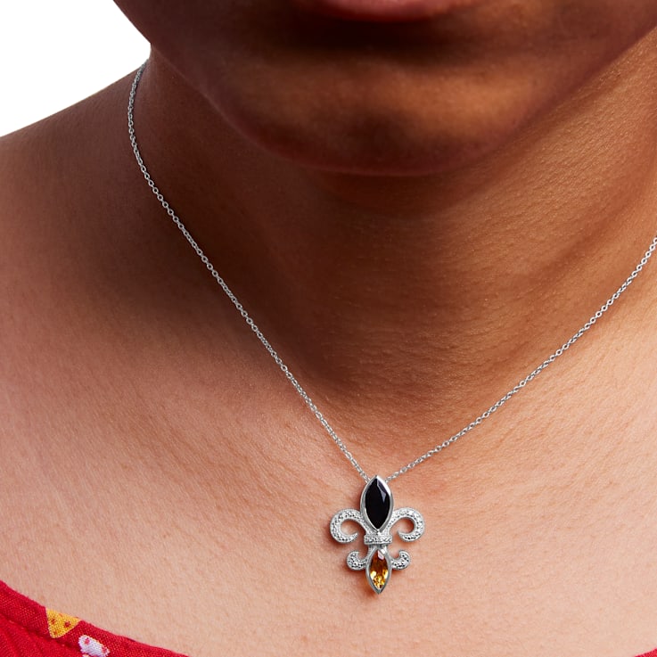 Sterling Silver Marquise Onyx and Citrine and Diamond Accent Fleur De
Lis Pendant Chain- 18"