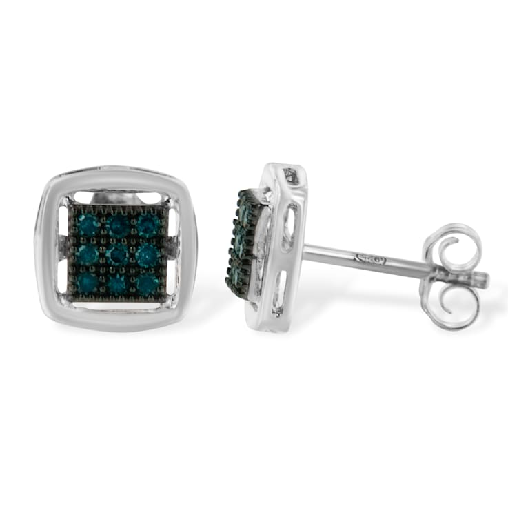 Sterling Silver Rose Cut Treated Blue Diamond Square Stud Earring .25ctw