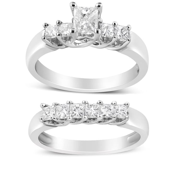 1.50ctw 5-Stone Princess Cut Diamond 14K White Gold Wedding Ring Set