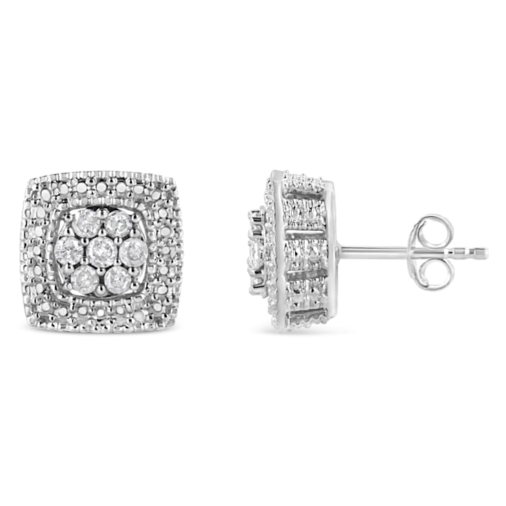 Sterling Silver 1/2ctw Diamond Miligrain Square Shape Stud Earrings