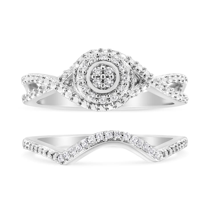 Sterling Silver 1/6ctw Diamond Composite Halo and Split Shank Bridal Set
Ring and Band