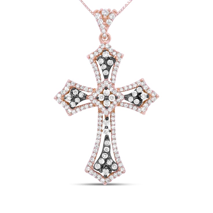 14K Rose Gold and Black Rhodium 1.0ctw Diamond Cross Pendant w\chain 18"
