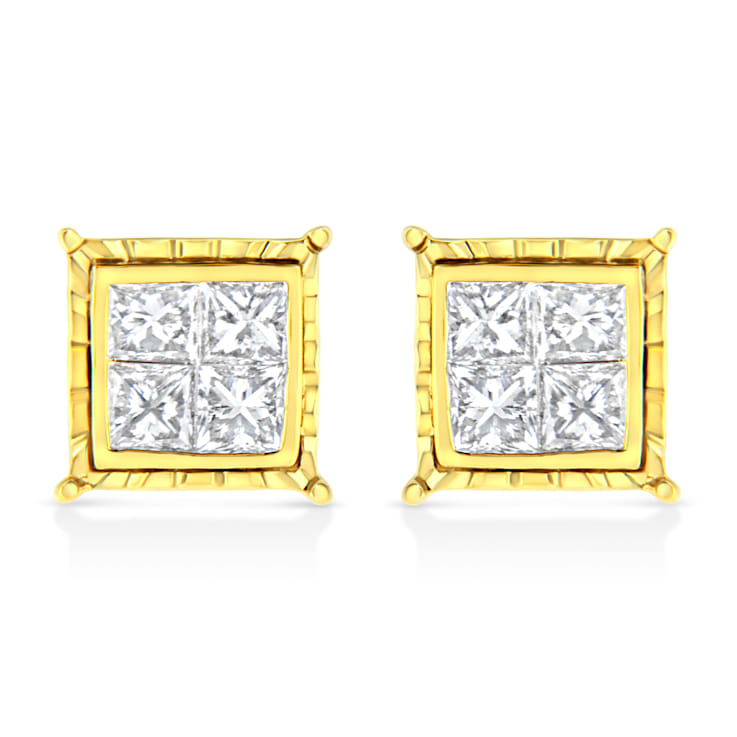 14K Yellow Gold 1.0ctw Invisible Set Princess-Cut Diamond Composite 8
Stone Stud Earrings