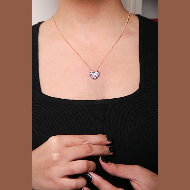 18K Rose Gold Round Purple Amethyst Gemstone with Round Diamonds Cluster
Heart Pendant