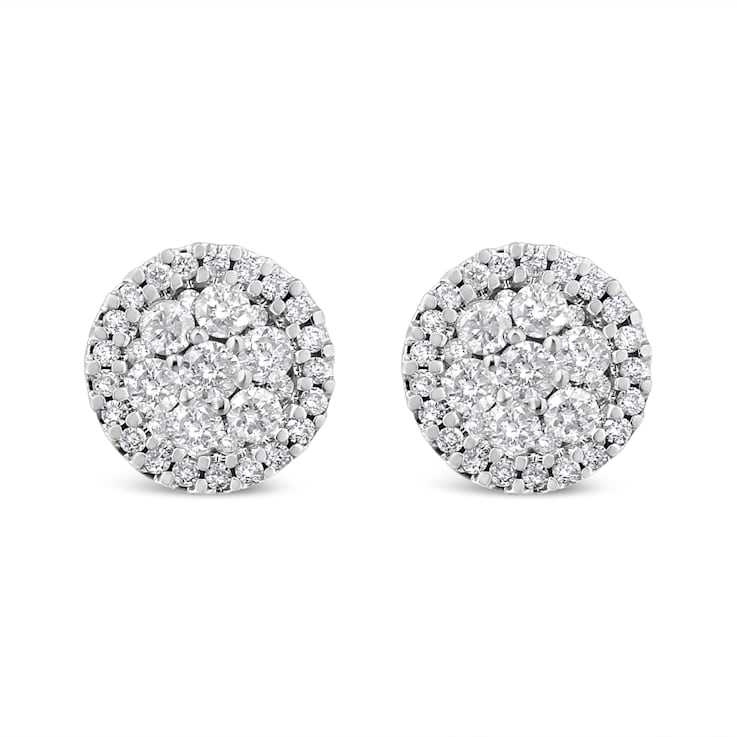 14K White Gold AGS Certified 1.0ctw Diamond Halo-Style Cluster Round
Button Stud Earrings
