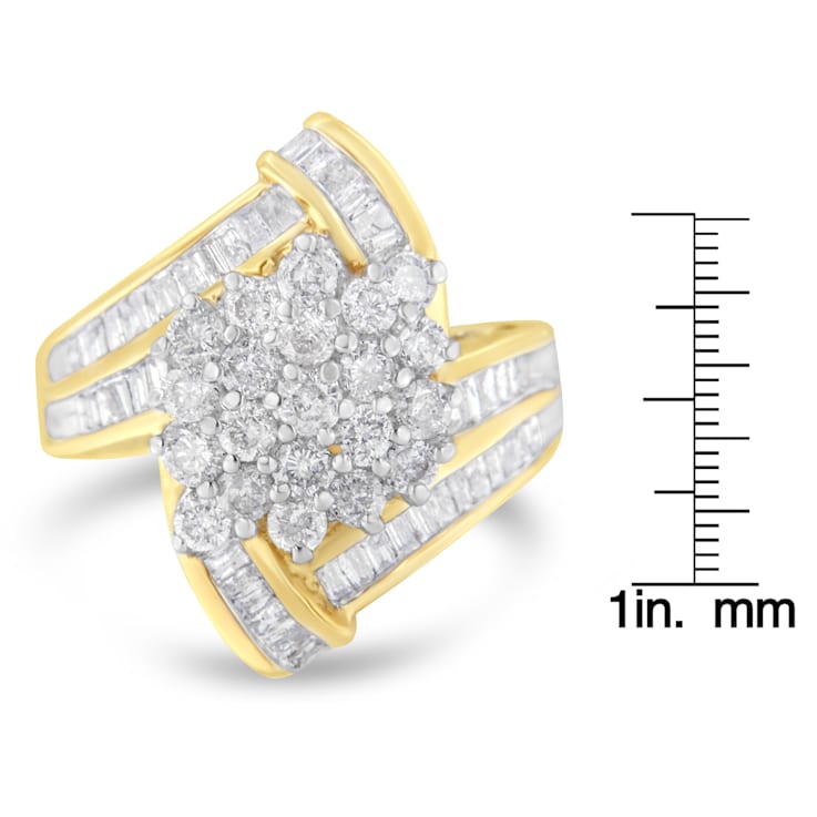10K Yellow Gold Round and Baguette Diamond Crossover Cluster Ring (3ctw,
I-J Color, I1-I2 Clarity)