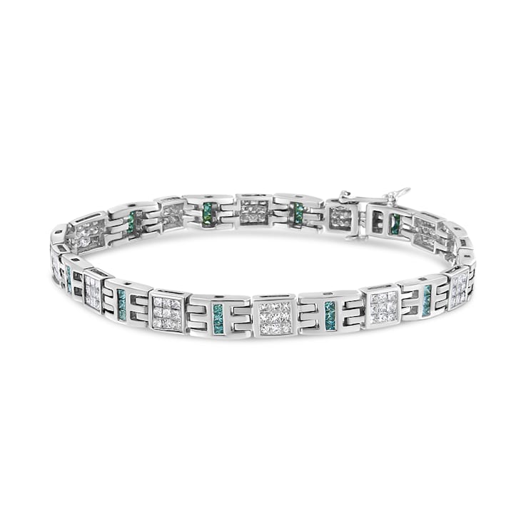 14K White Gold 3.0ctw Princess-Cut White and Blue Diamond Fashion Bracelet
